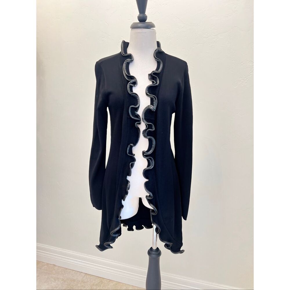 Ravel Women's Knit Long Sleeve Ruffle Trim Open Front Long Cardigan Black Medium